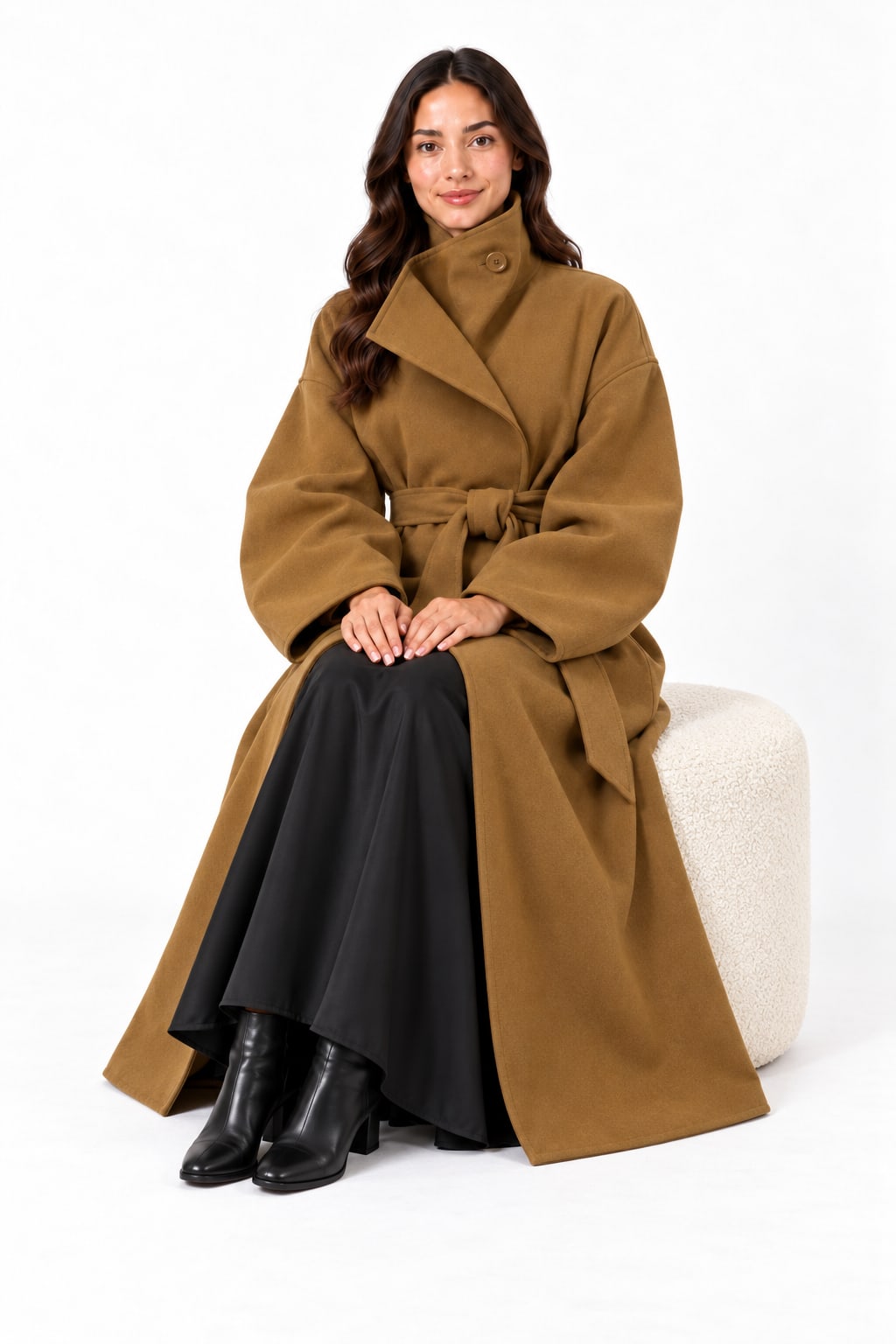 Trench long camel à col montant Tsniout — assise