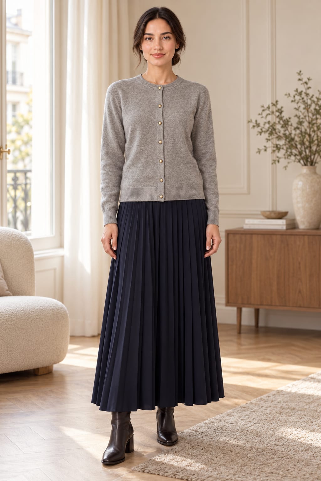 Cardigan gris à col rond et boutons dorés Tsniout — vue de face