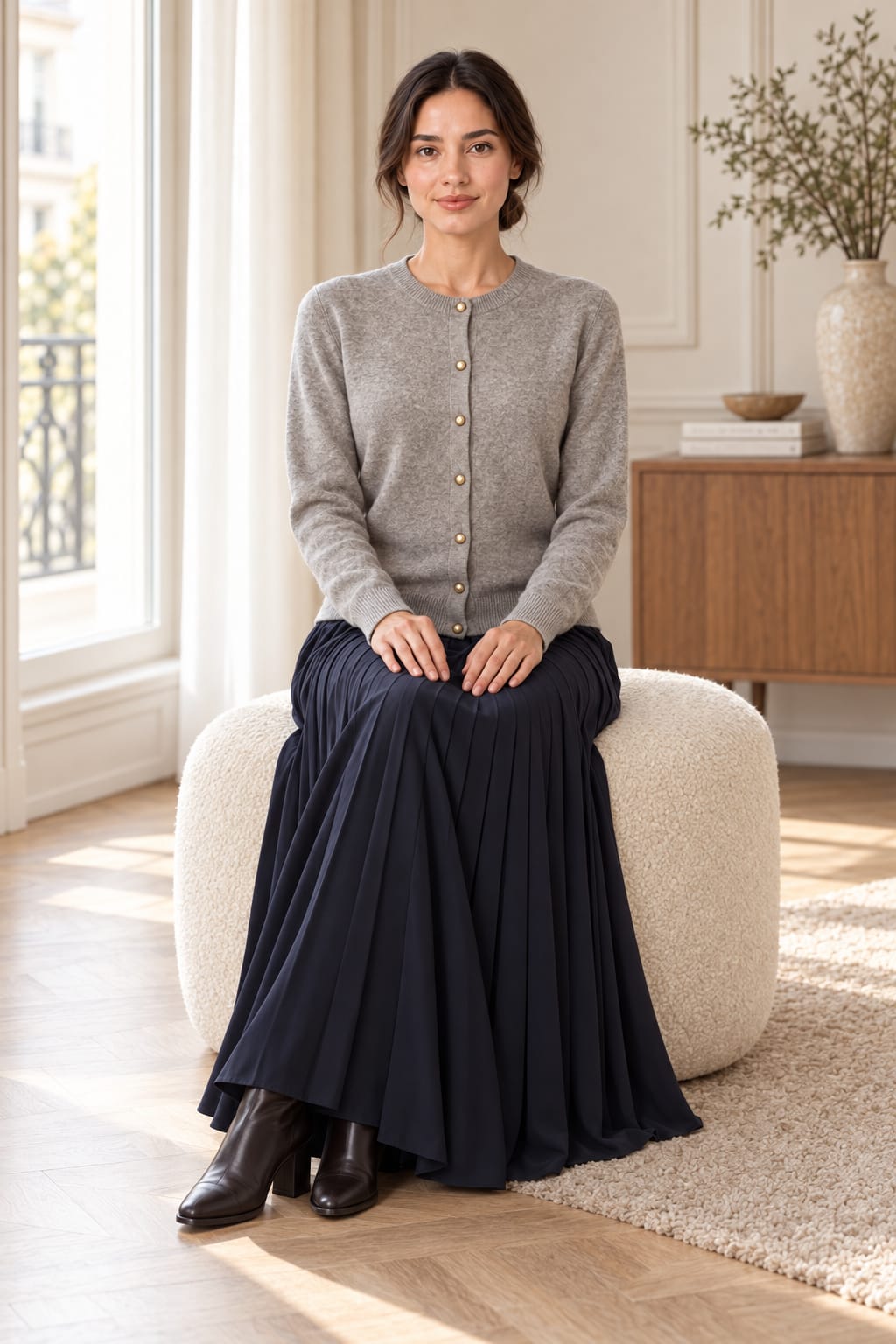 Cardigan gris à col rond et boutons dorés Tsniout — assise