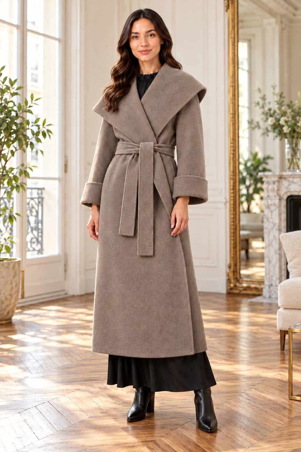 Manteau long en laine taupe à col châle Tsniout — en situation