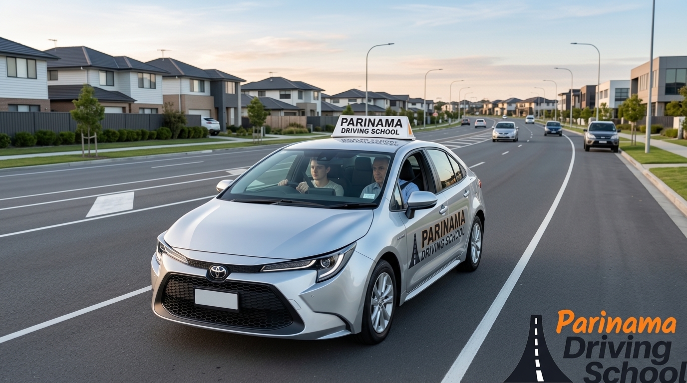 A driving instructor teaching a student during an early morning driving session.