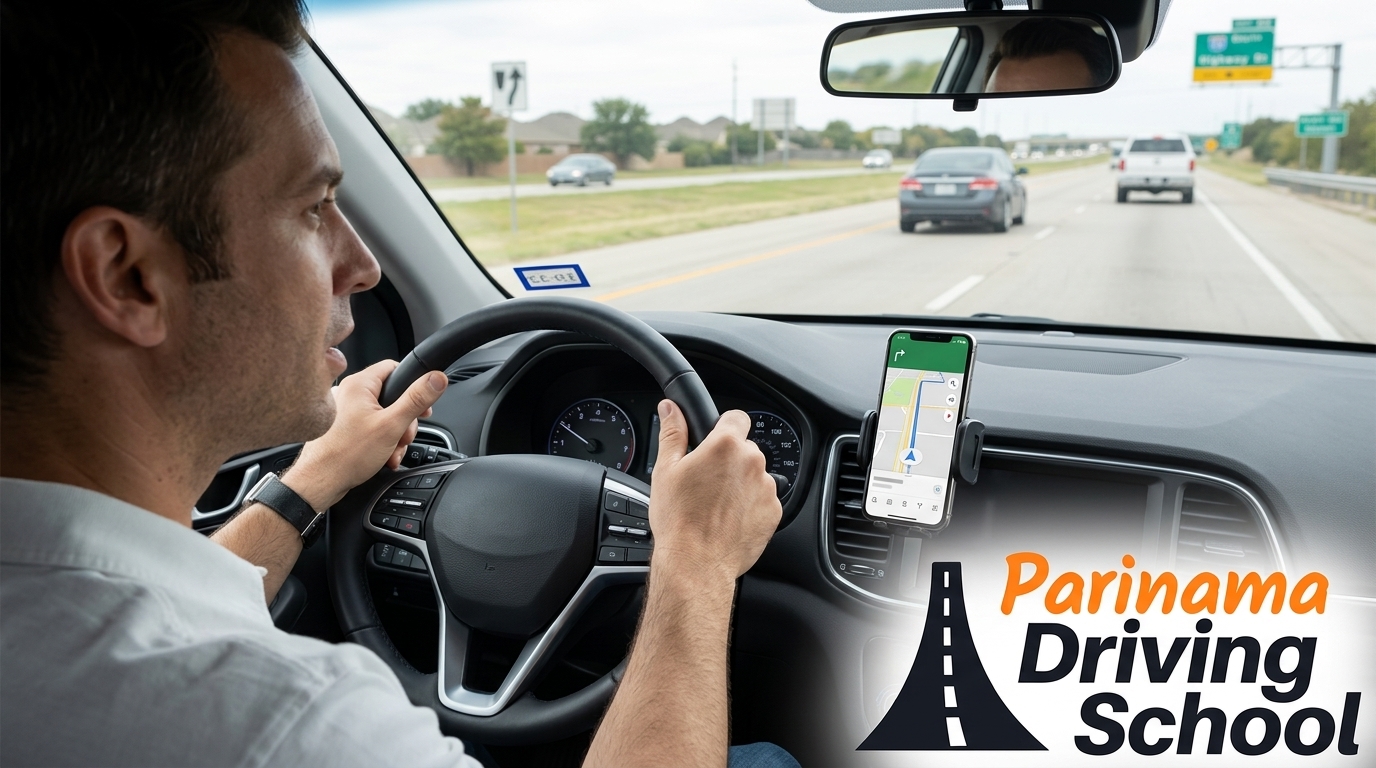 A driver obeying the Texas hands-free phone law while on the road.