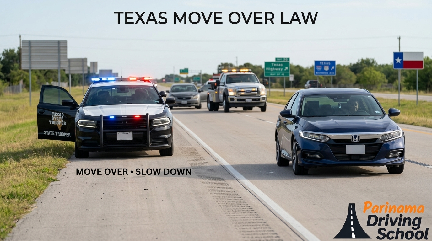 Illustration showing safe driving practices near emergency vehicles on the road.