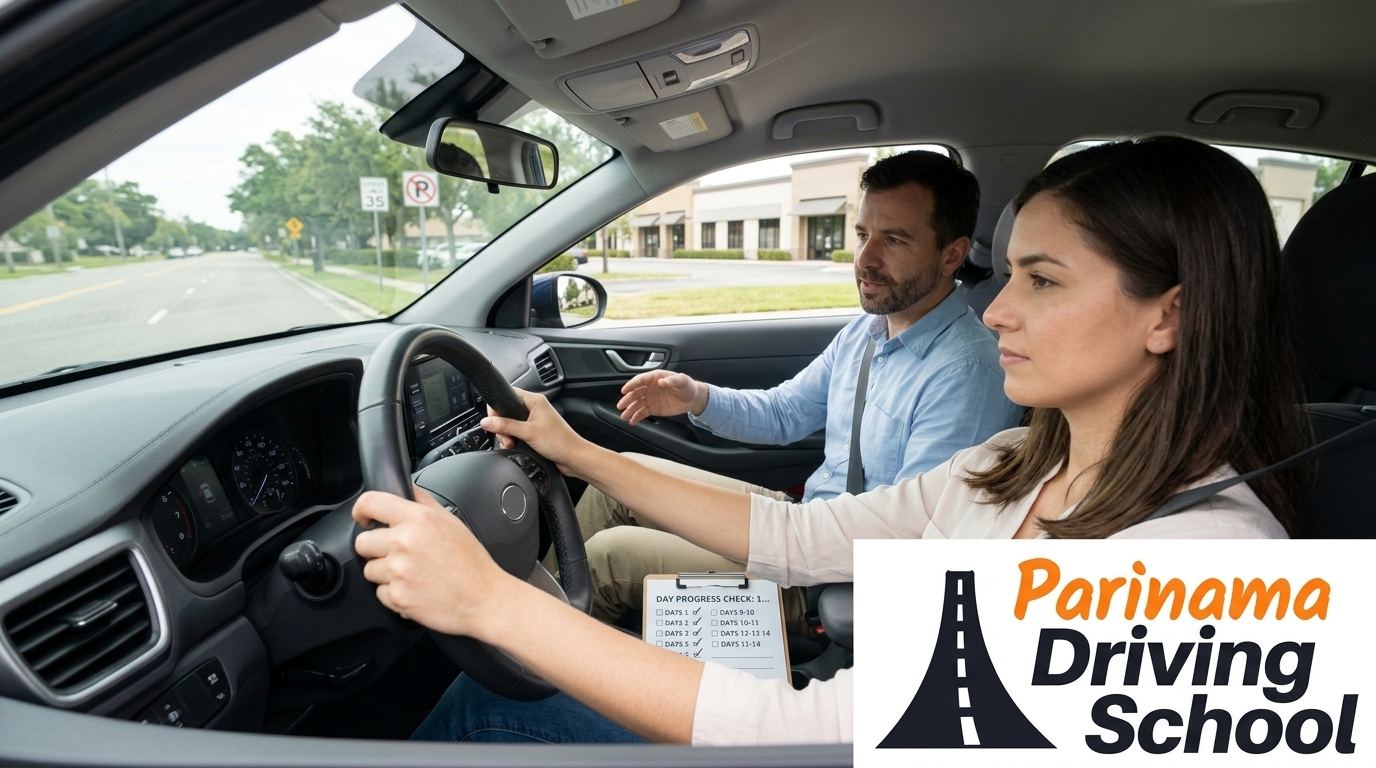 A student practicing driving with an instructor in a car.