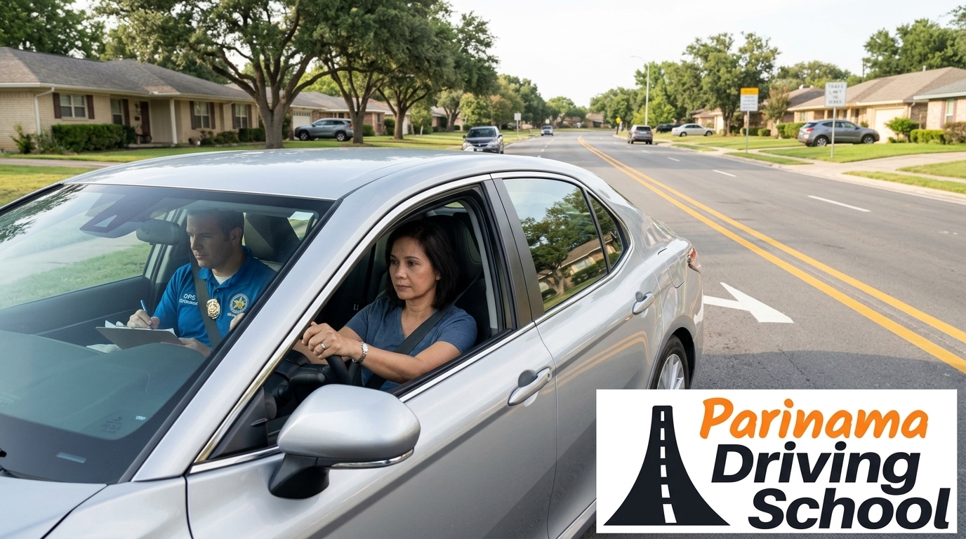An examiner observing a student during the Texas road test.