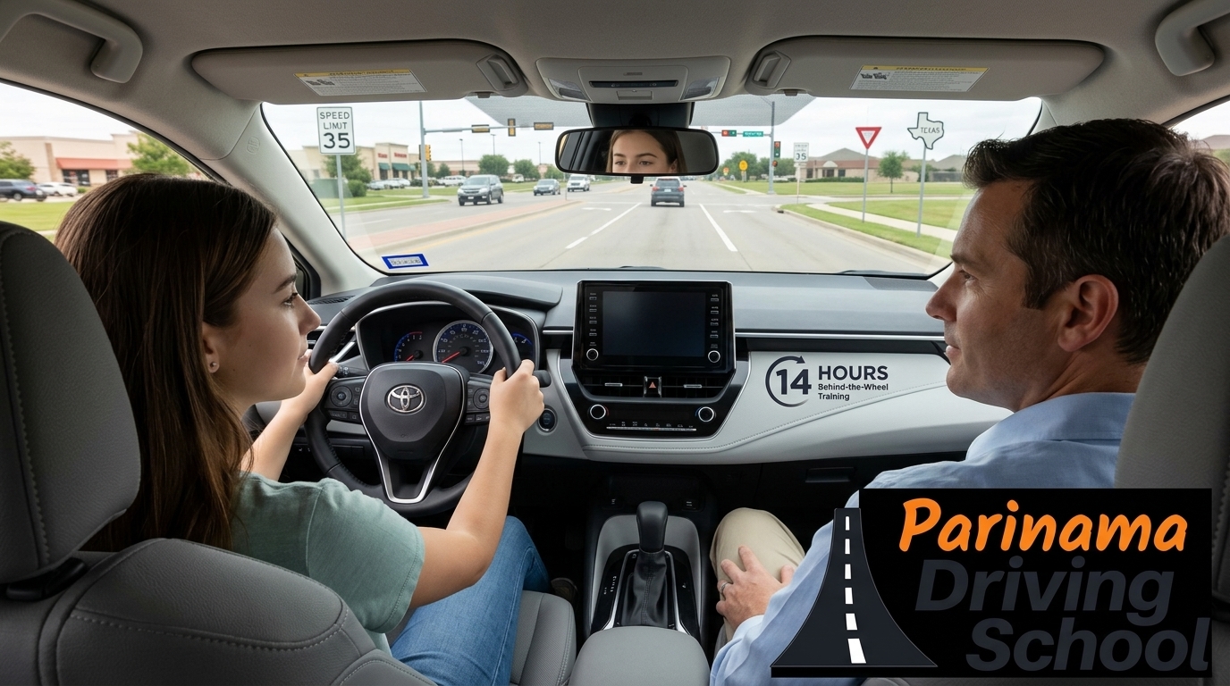 A student practicing driving with an instructor in a car.