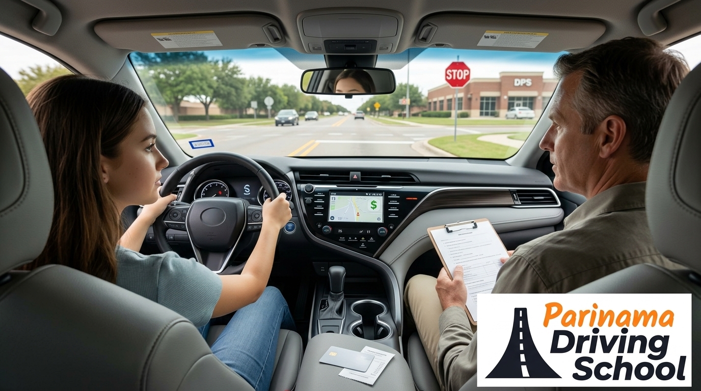 A driving instructor and student preparing for a road test in Texas.
