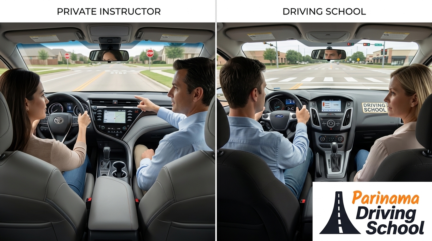 A split image showing a private driving instructor and a driving school setting