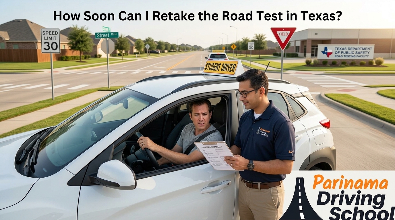 A student preparing for a road test at Parinama Driving School in Texas.