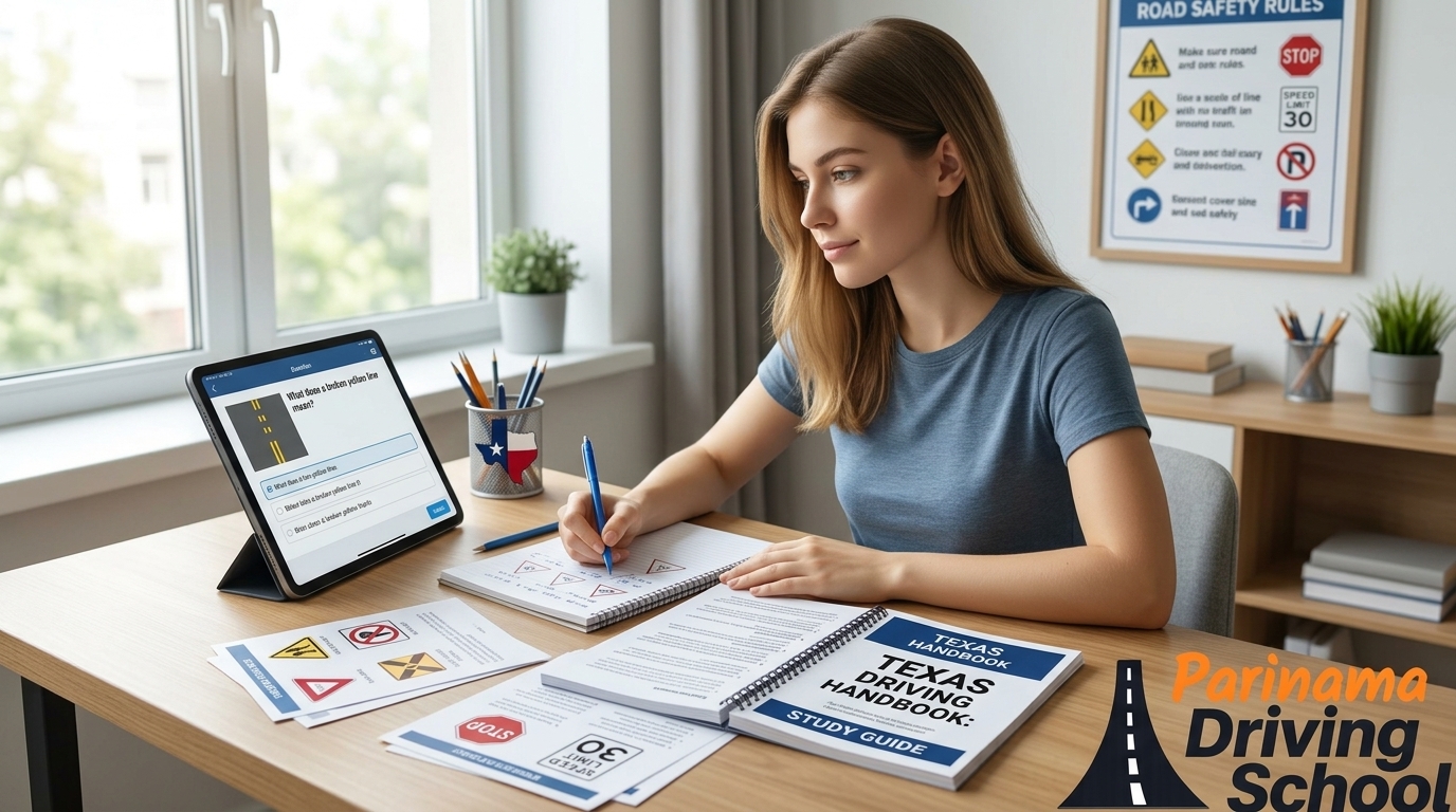 A student studying for the Texas driving written test with books and notes.
