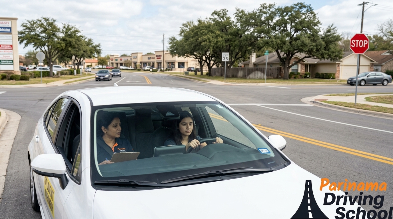 A student practicing driving in Austin, preparing for the road test.