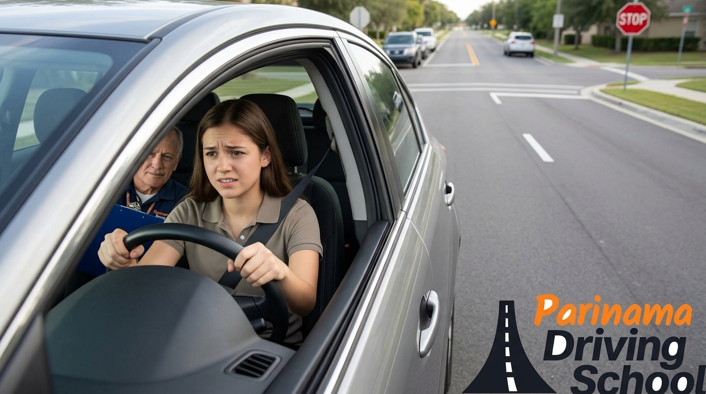 A student driving instructor helps a nervous learner driver prepare for a driving test.