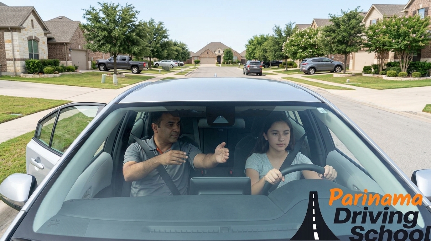A student practicing driving with an instructor in Cedar Park, showcasing Parinama Driving School.