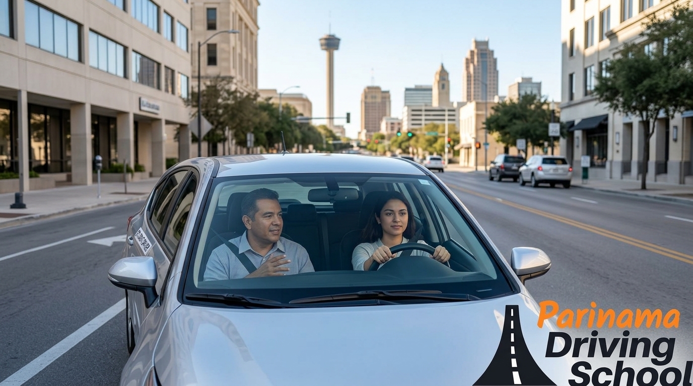 An instructor providing driving lessons to an international student in San Antonio