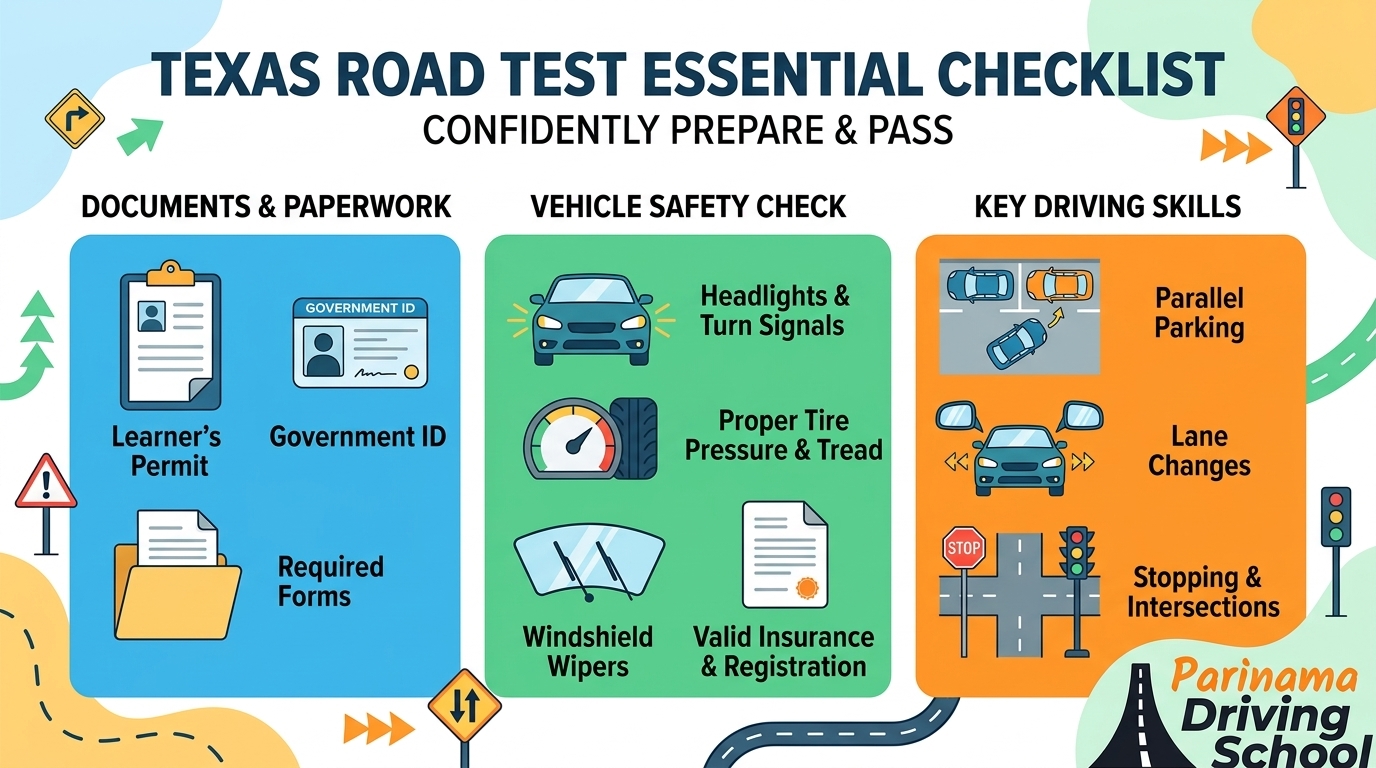 Checklist items for Texas road test preparation showing essentials for new drivers