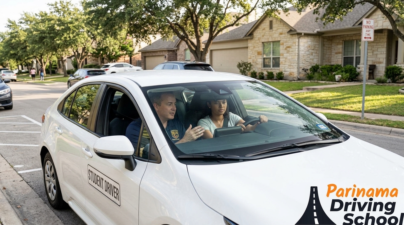 A driving instructor guiding a student during evening driving lessons.