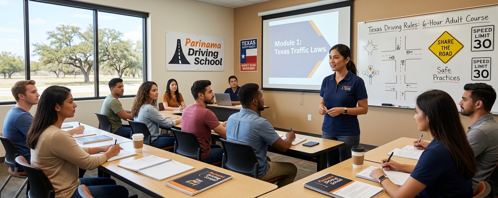 A student at Parinama Driving School taking a driving lesson in Texas.