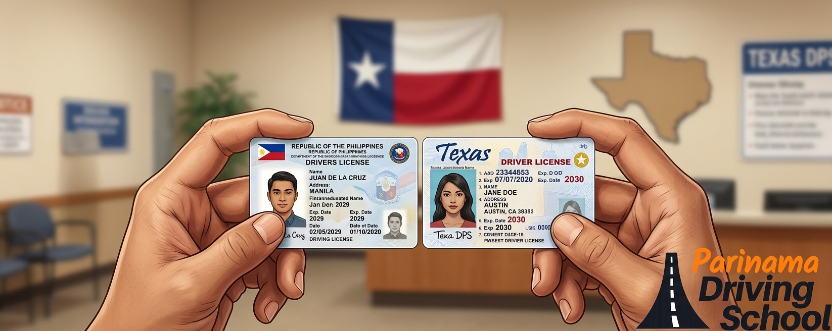 A person holding a Philippines driving license and a Texas driving license side by side