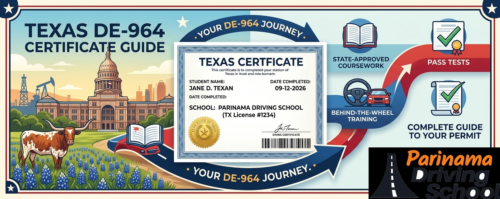 A guide to obtaining the DE-964 certificate in Texas with driving school support.