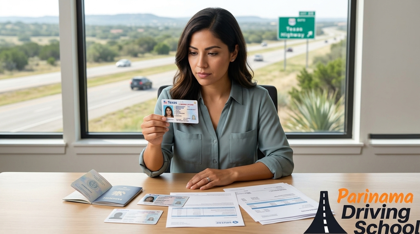 A person holding a Texas Real ID card in front of a driving school backdrop.