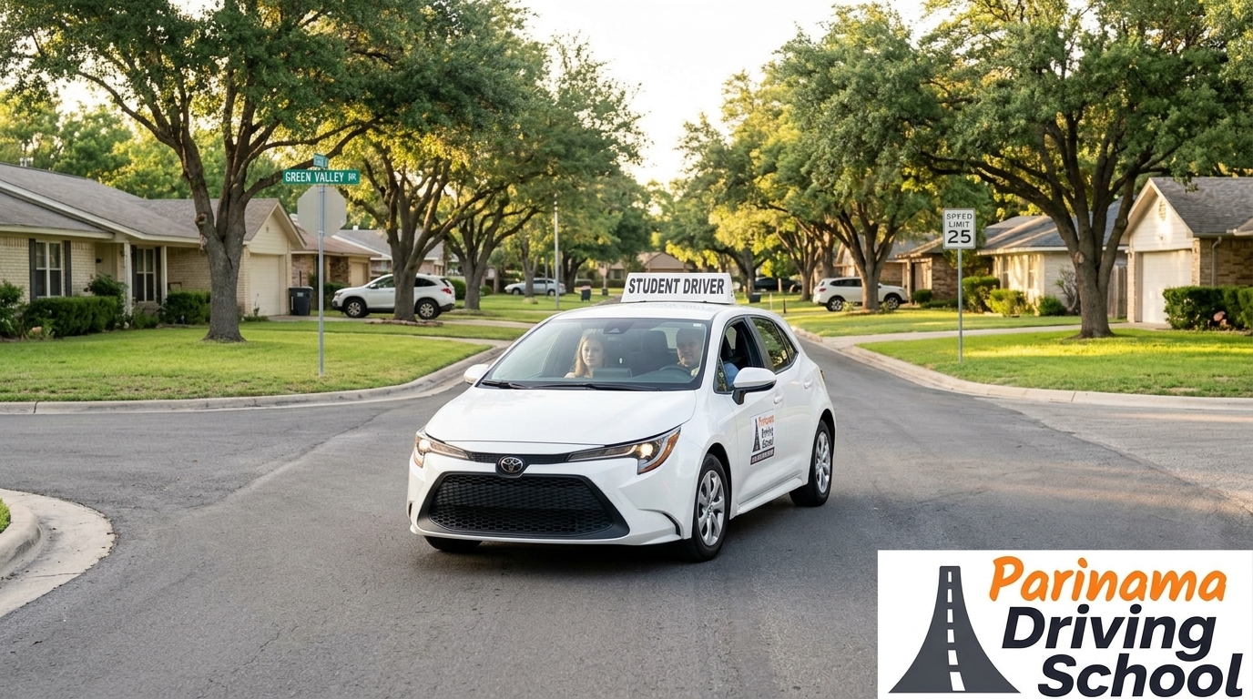 A learner driver practicing on a suburban street in Schertz.