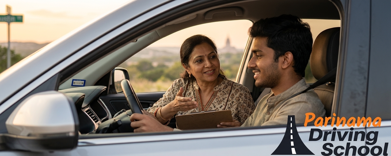 A bilingual driving instructor teaching a student in Austin with a focus on South Asian culture.