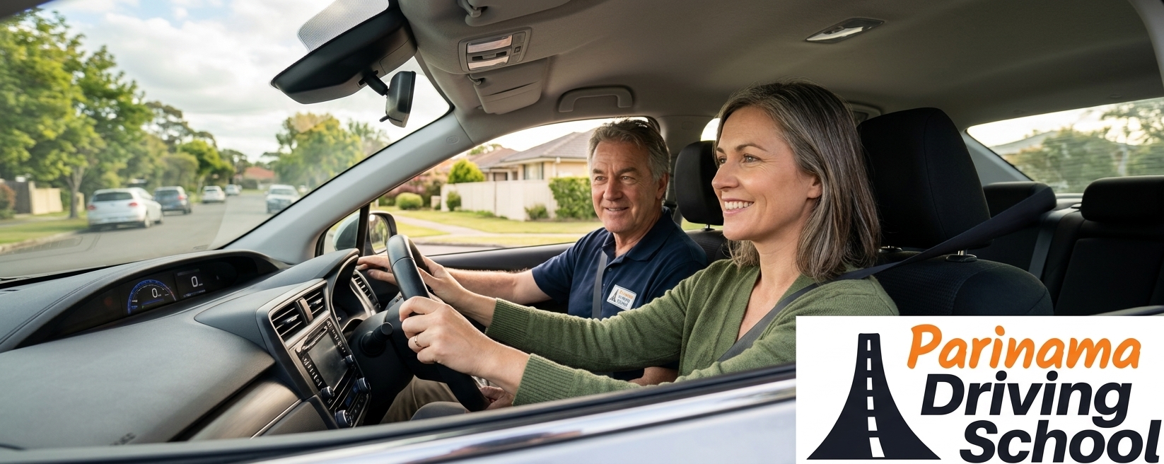An adult learner happily driving with an instructor during a lesson at Parinama Driving School