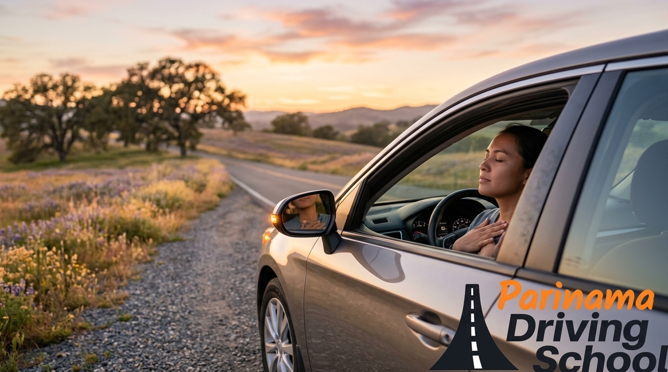 A person in a car focusing on calming techniques during a panic attack.