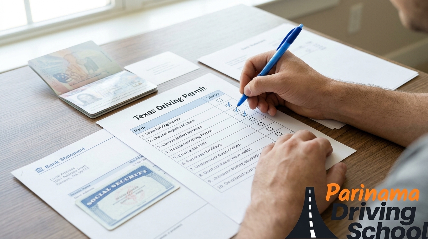 A checklist for obtaining a Texas driving permit laid out on a desk with a pen.