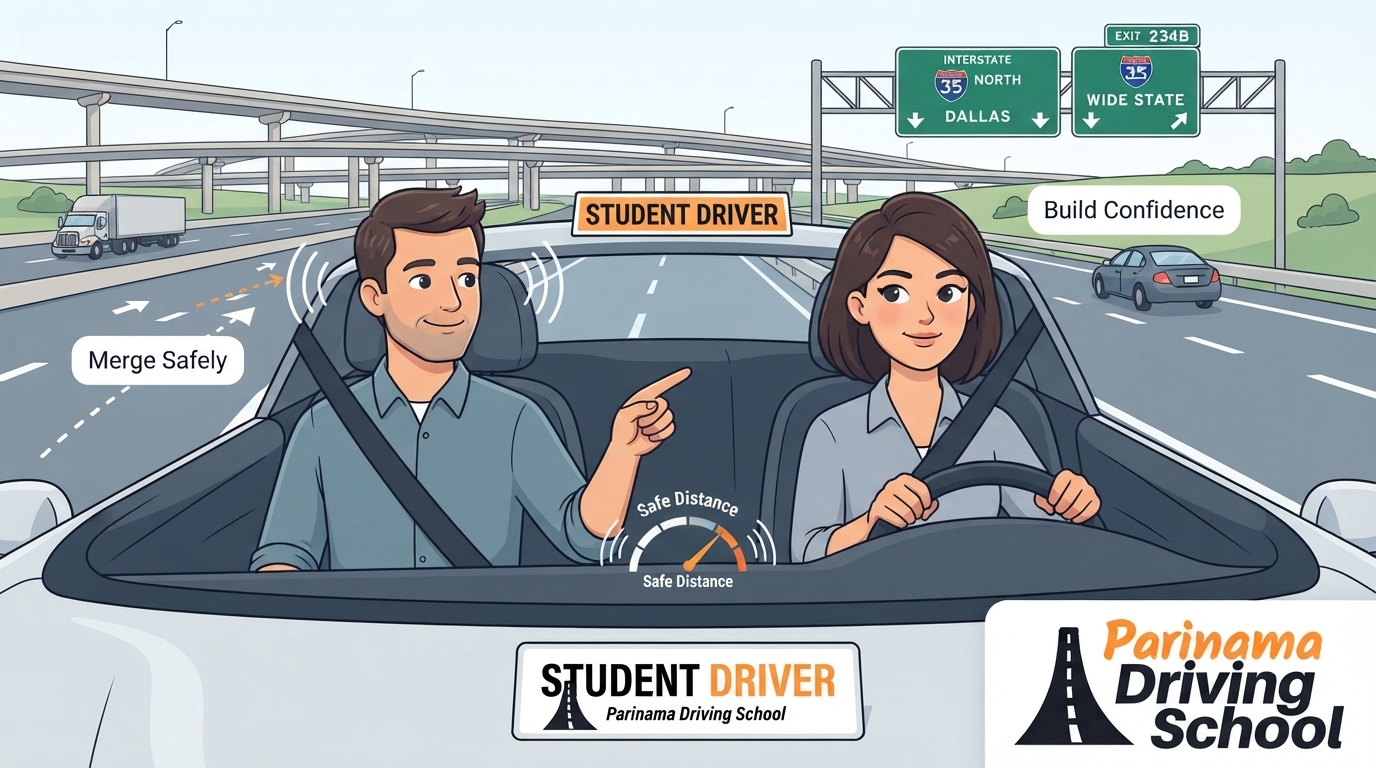 A student driving on a highway with a certified instructor beside her.