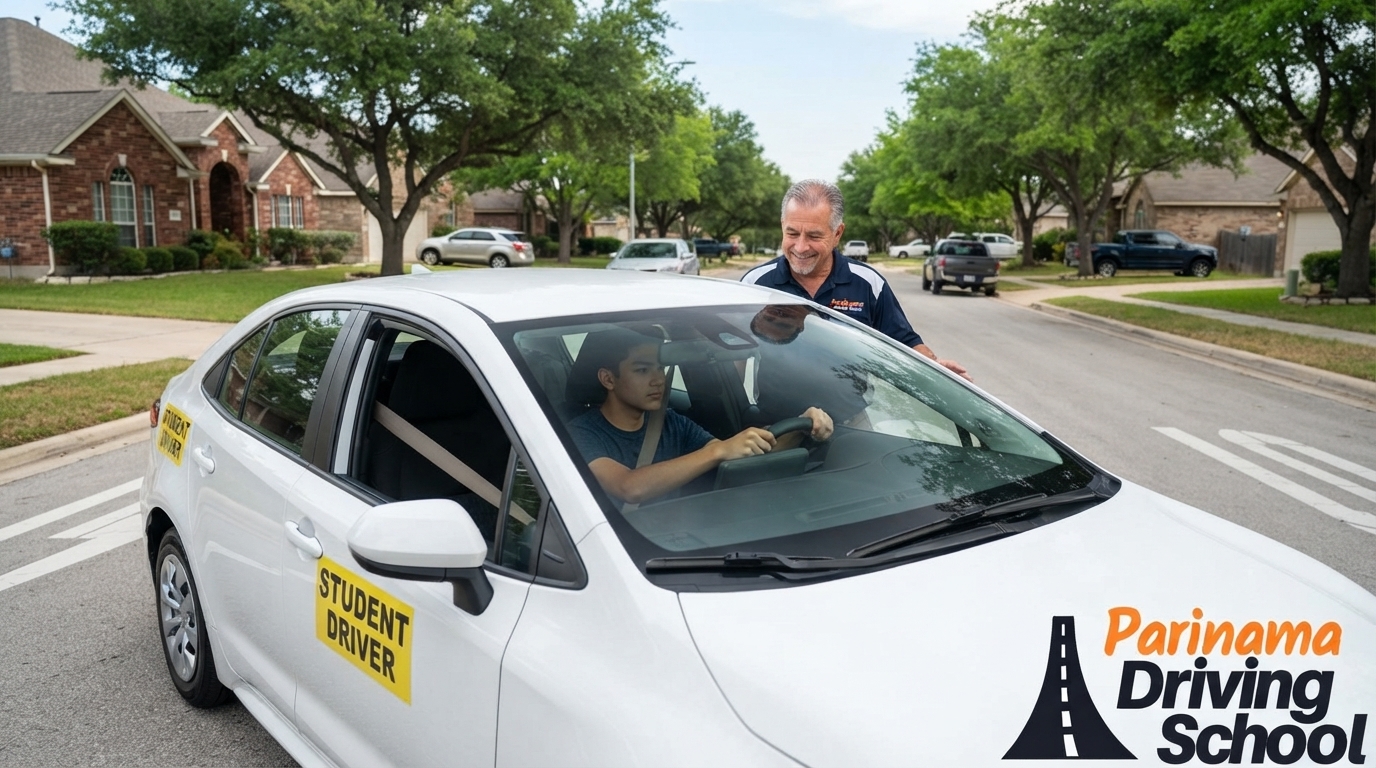 A student practicing driving with an instructor in Cibolo.