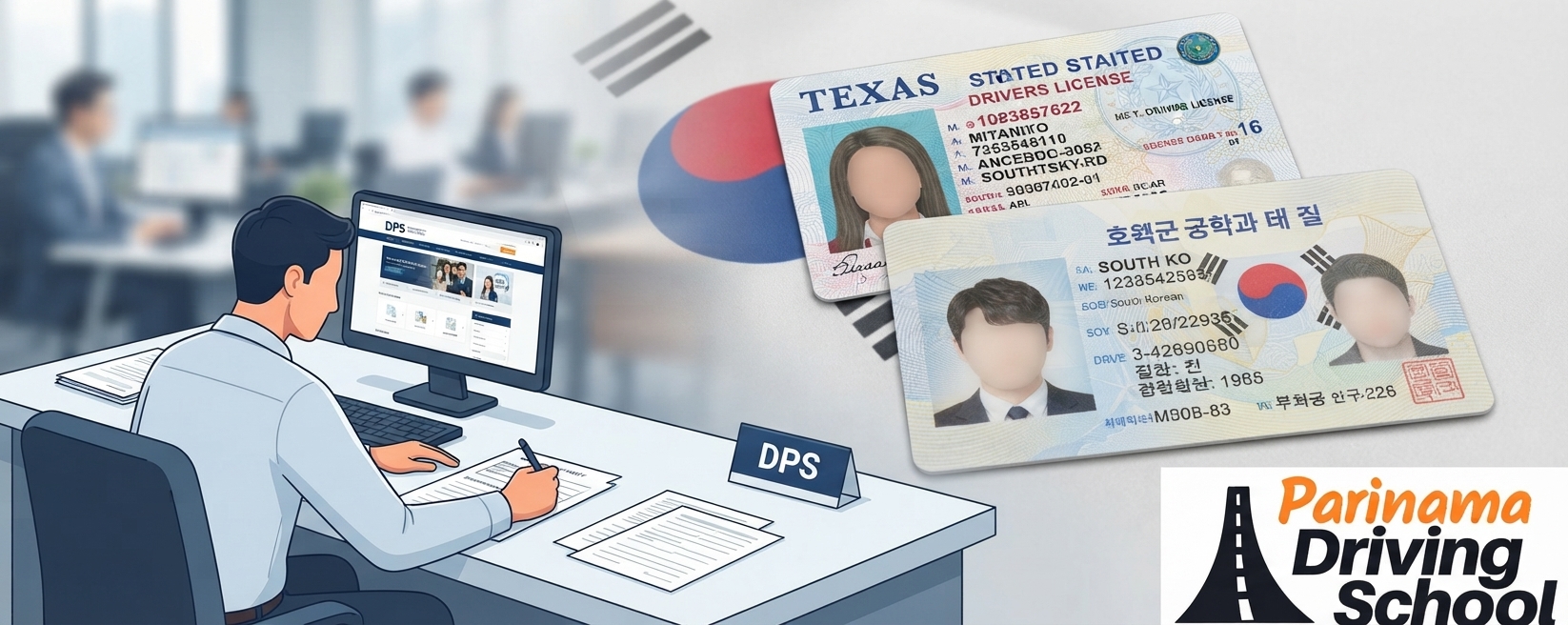 A Texas driving license with a South Korea flag in the background.