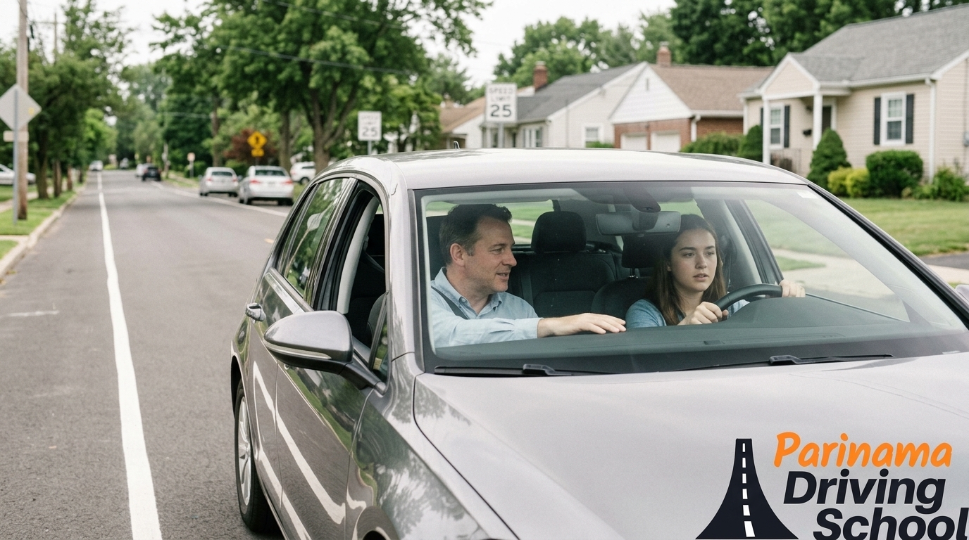 A calm driving instructor supporting a nervous learner driver during a lesson.