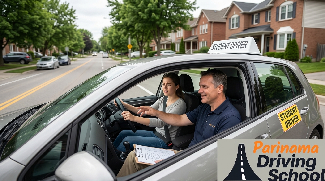 A nervous driver practicing with an instructor in a car during a lesson.