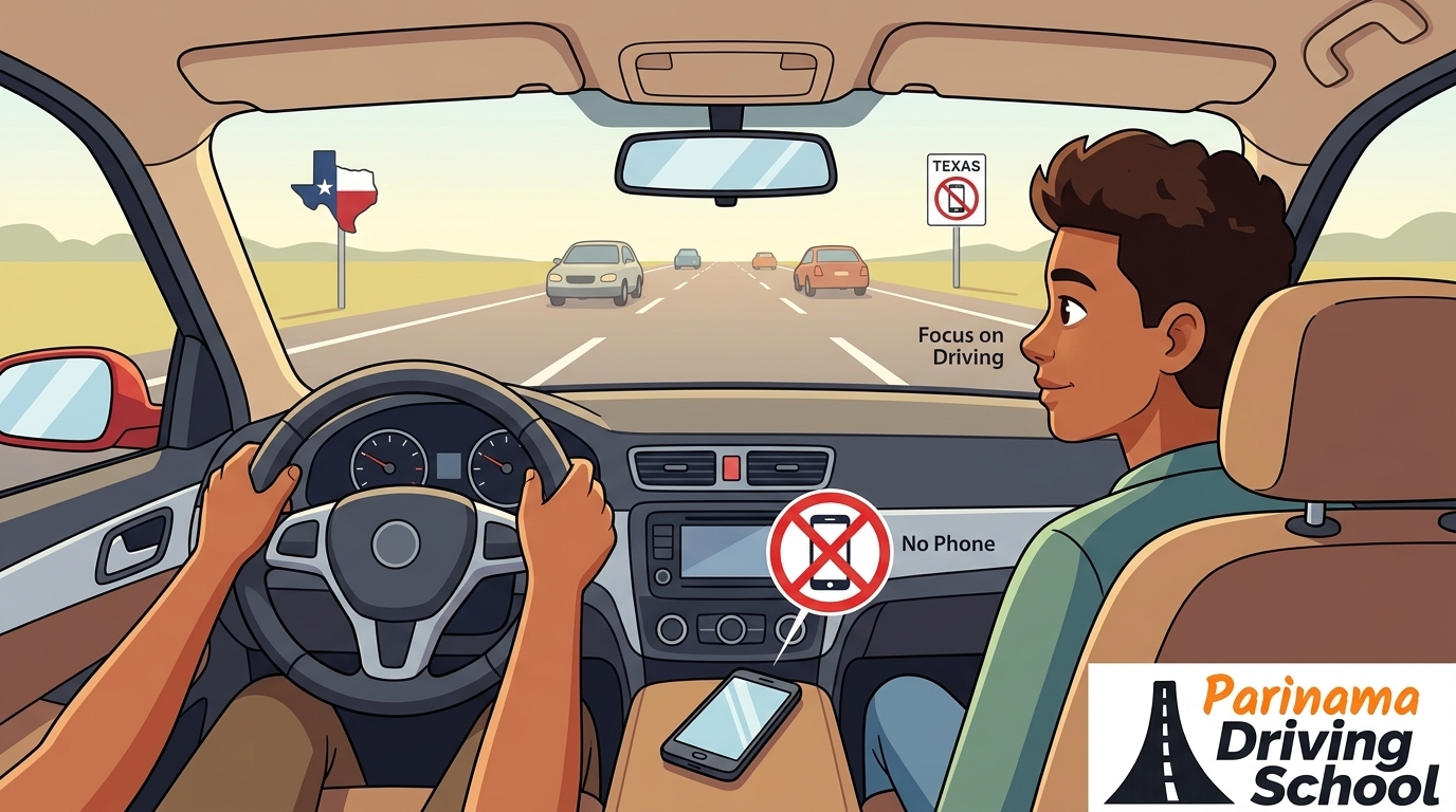 A teen driver using a cell phone in a car with a warning sign about distractions.