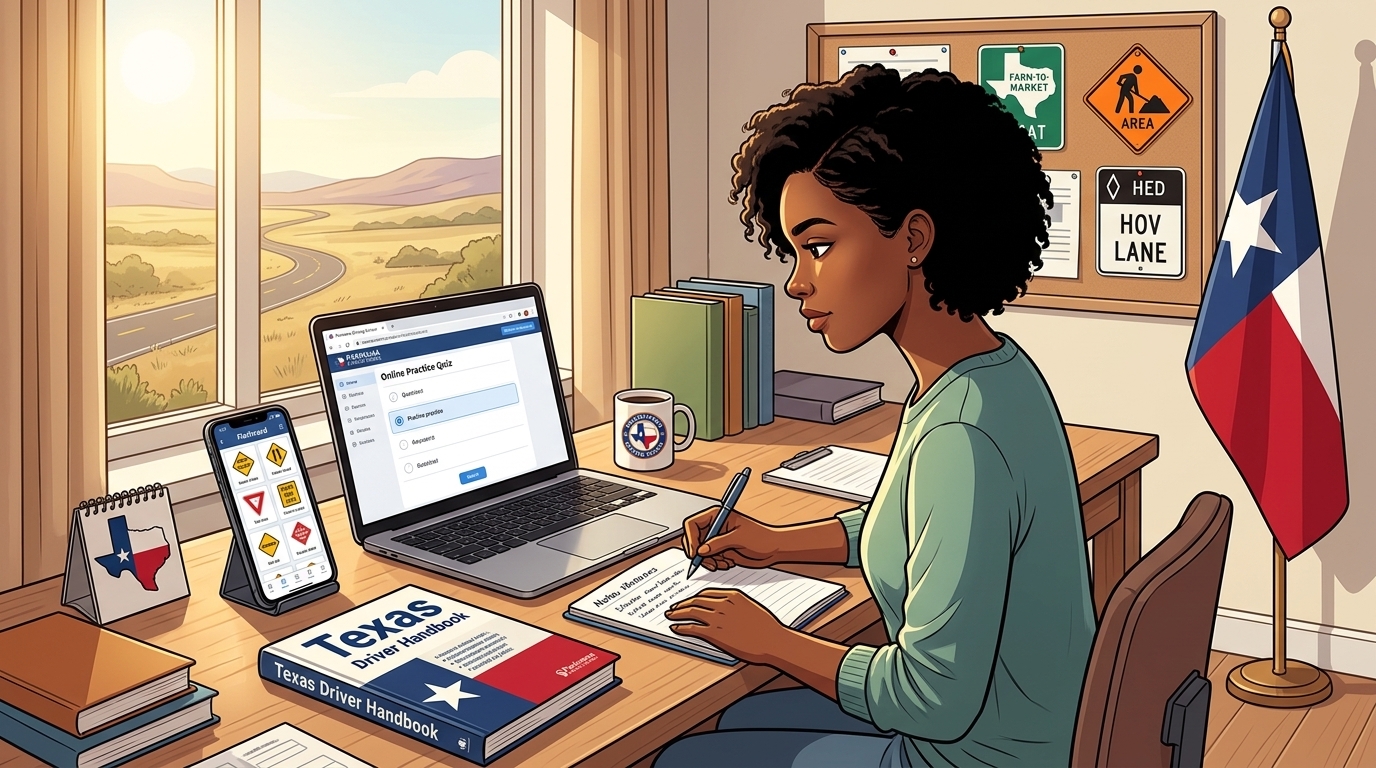 A student studying for the Texas permit test with books and a laptop.