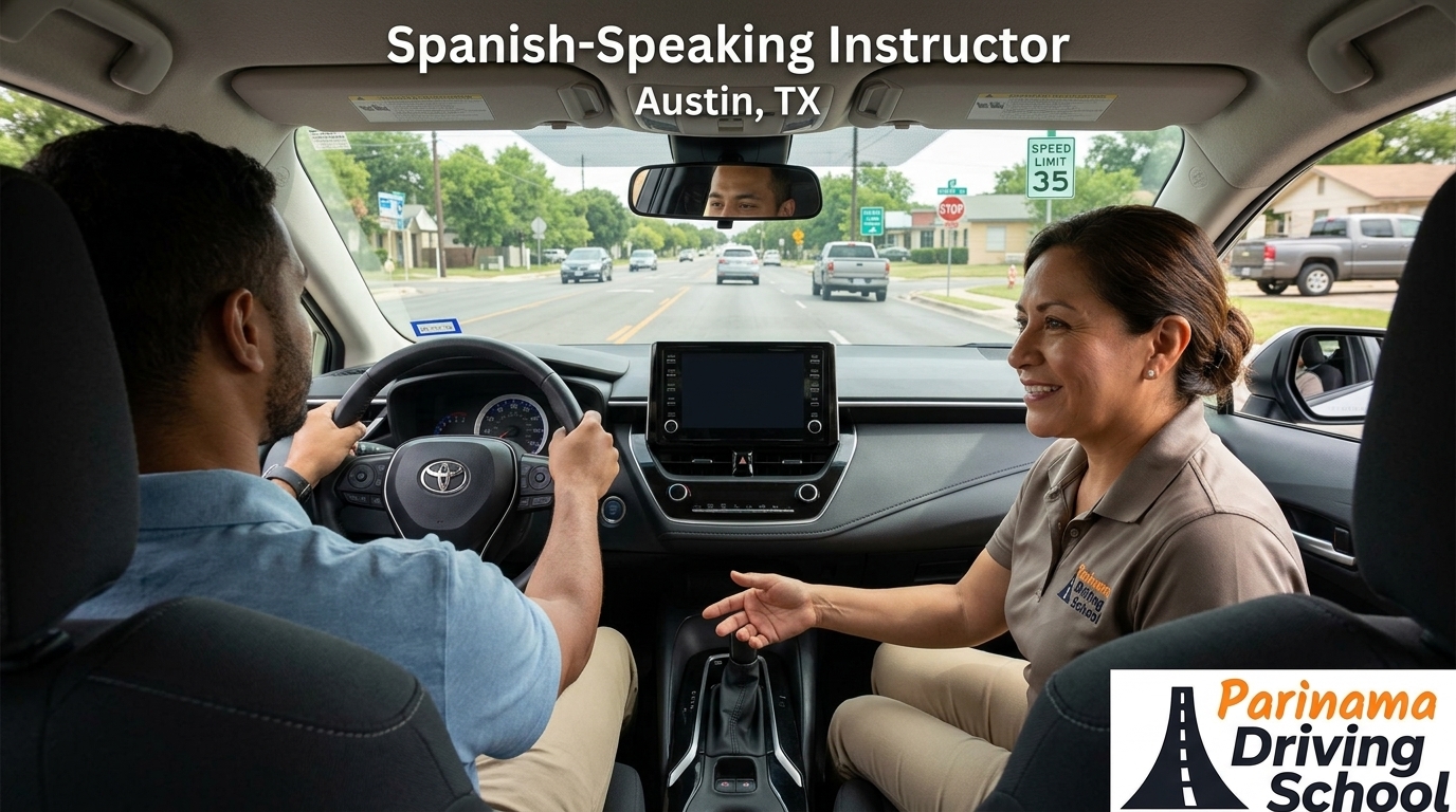 A friendly Spanish-speaking driving instructor teaching a student in Austin.