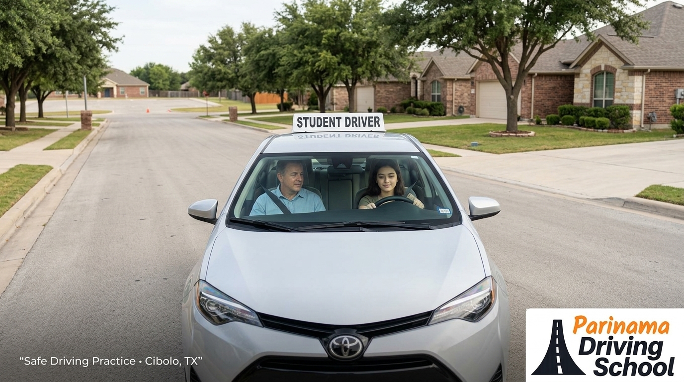 A scenic view of safe driving practice locations in Cibolo for beginners.