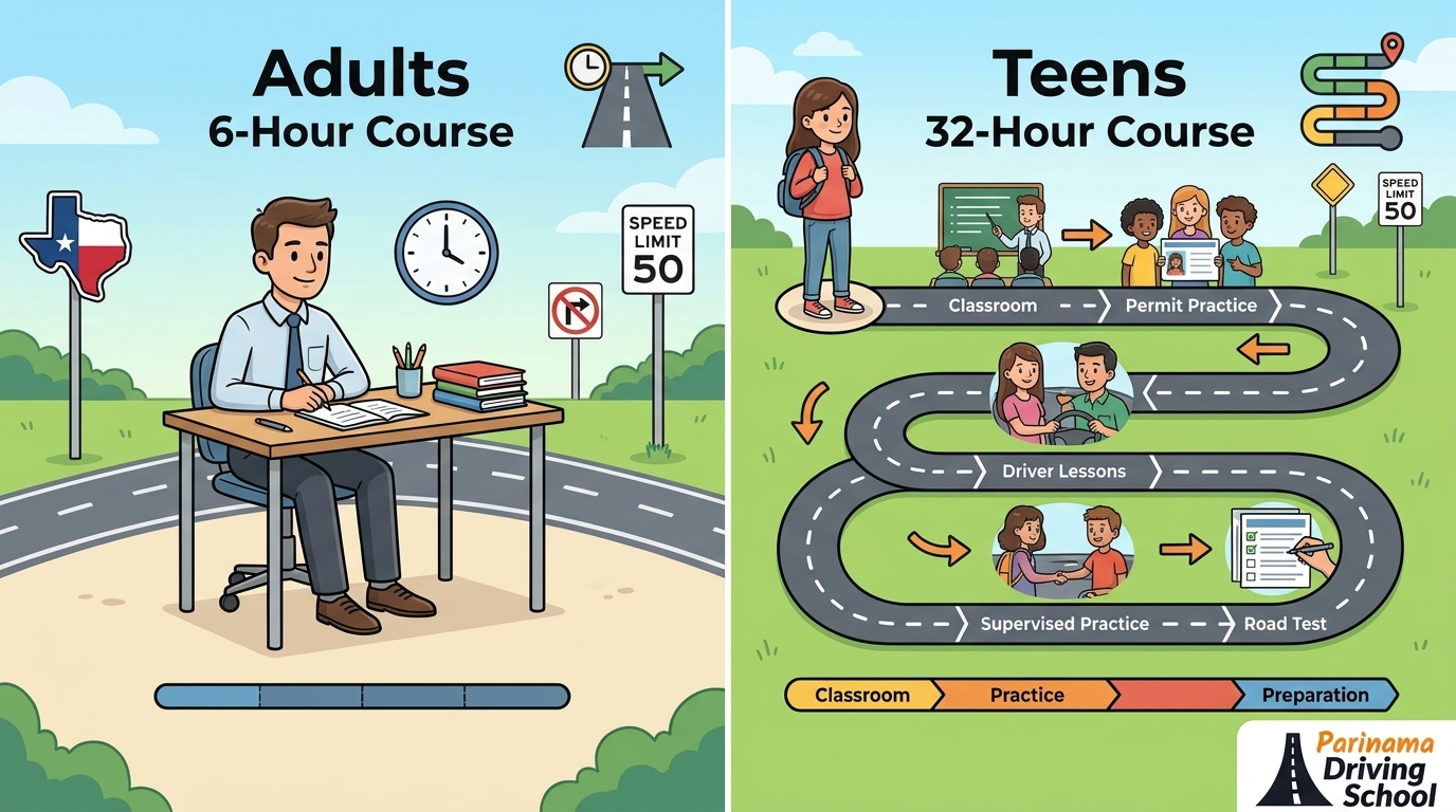 A graphic comparing the Texas 6 hour and 32 hour driving courses for learners.