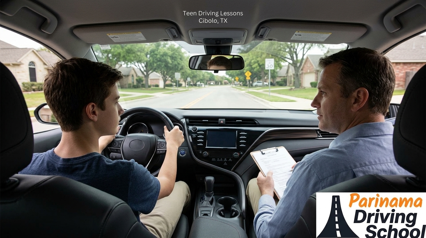 A teen practicing driving with an instructor in a training car in Cibolo