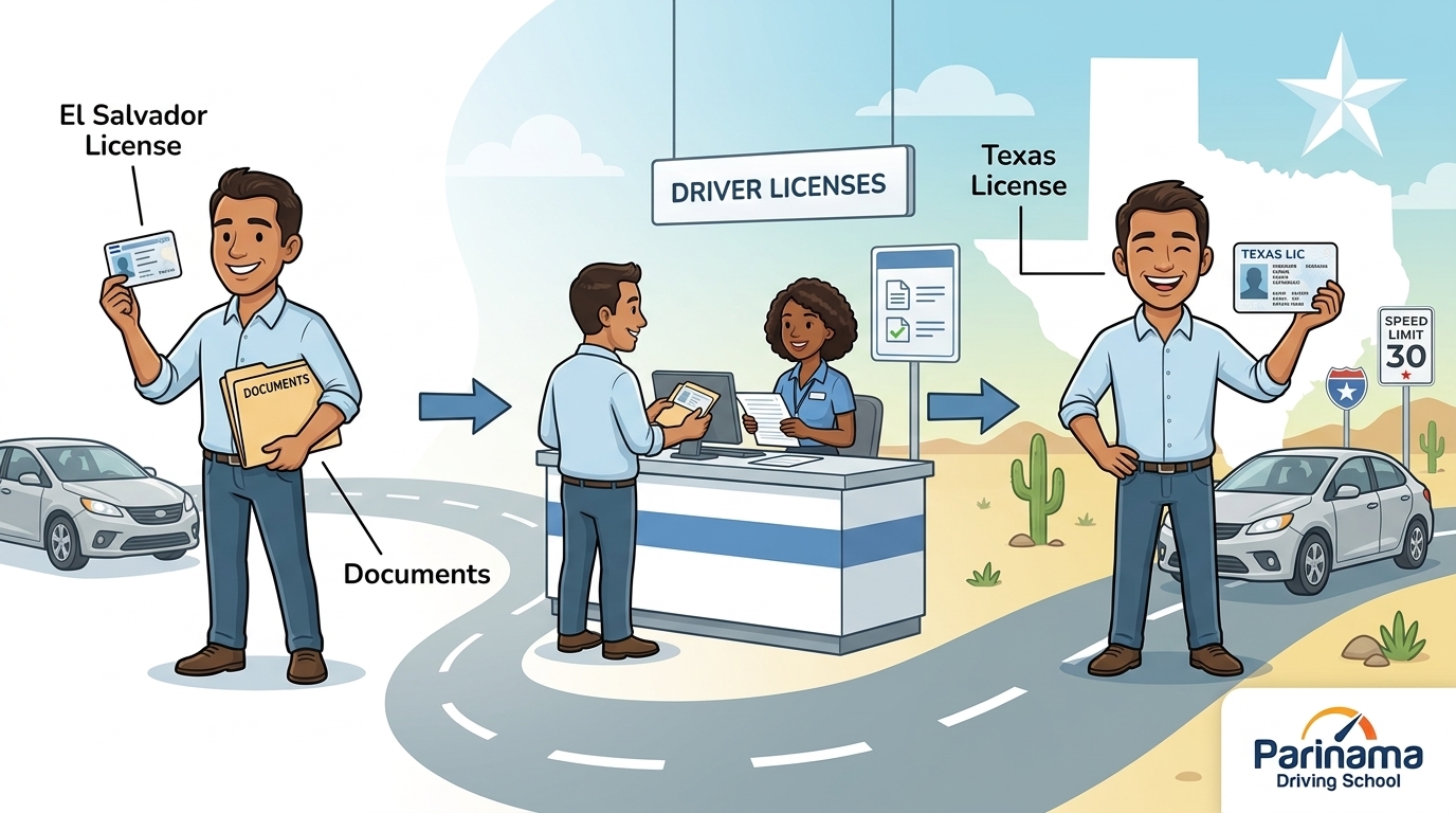 A person holding a driving license with Texas landmarks in the background.