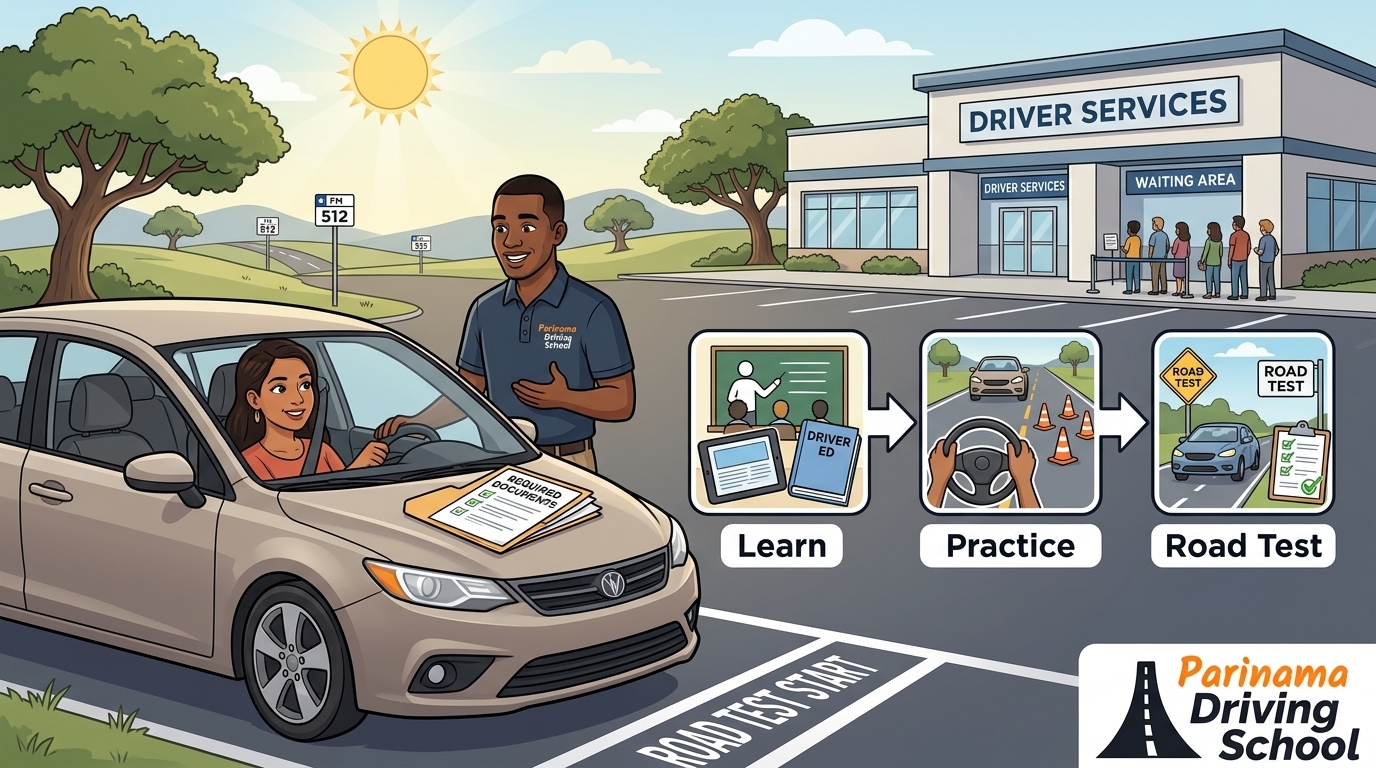 A photo of the DPS Mega Center in Austin with students preparing for their driving tests.