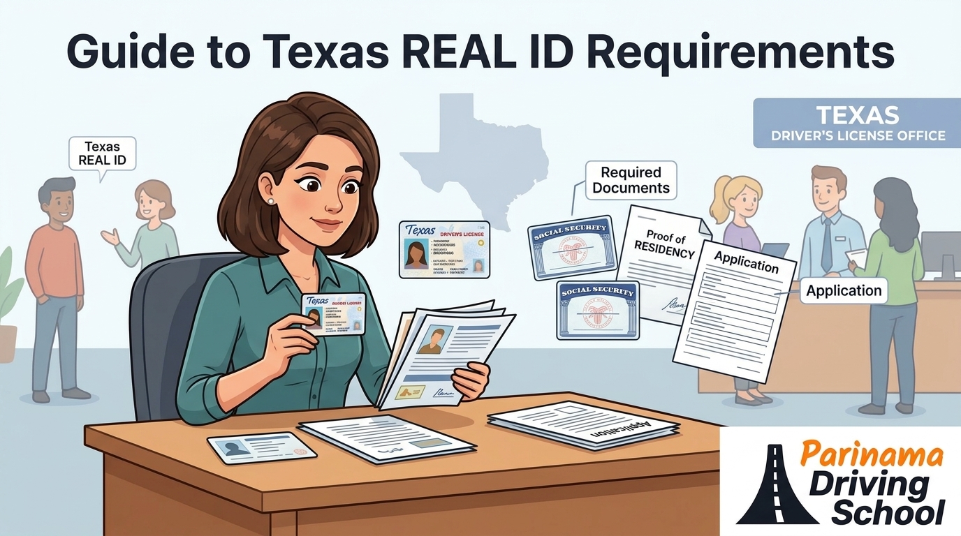 A person holding a Texas Real ID next to a driving school sign.