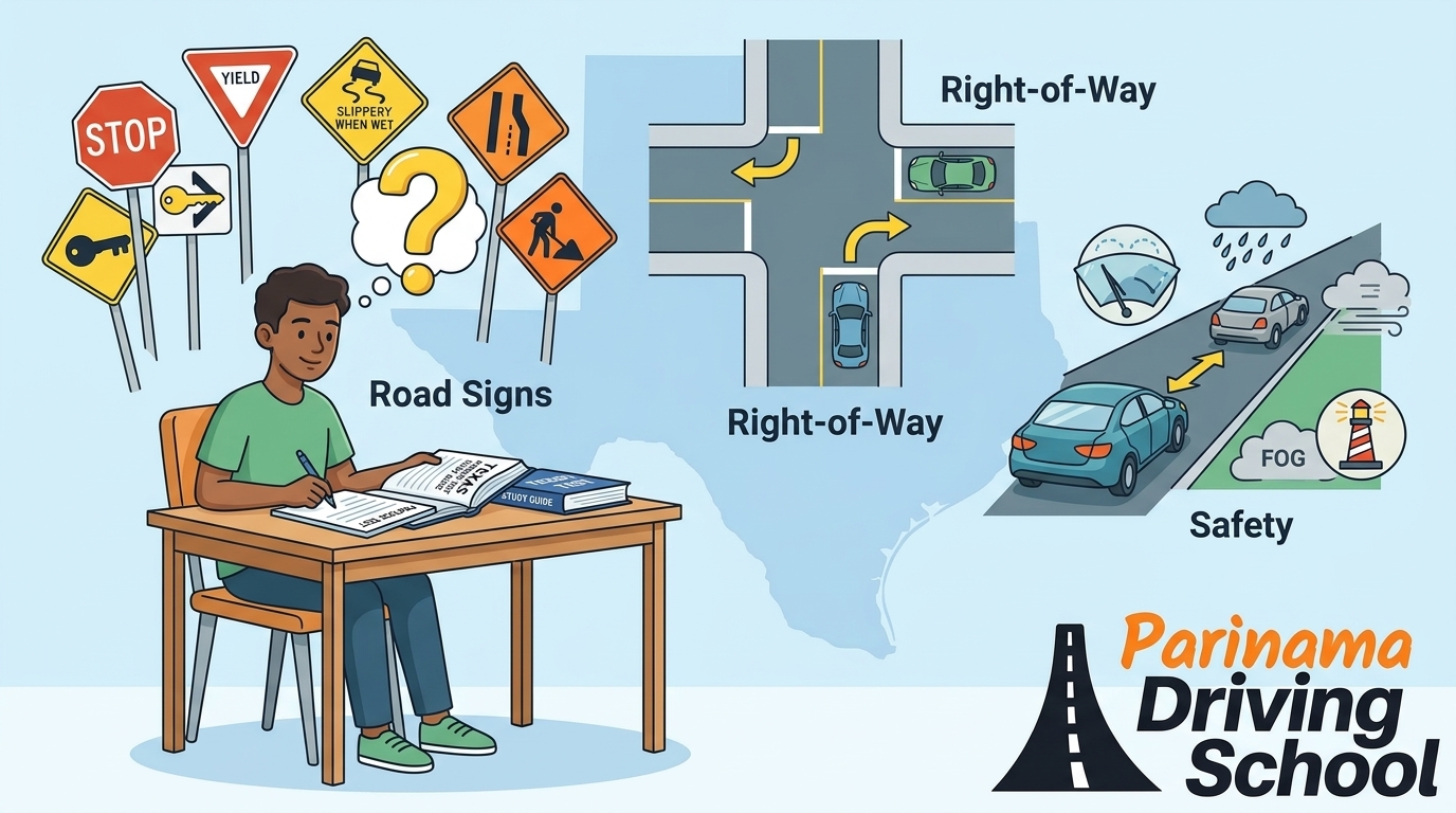 A student studying for the Texas permit test with a guidebook and notes.