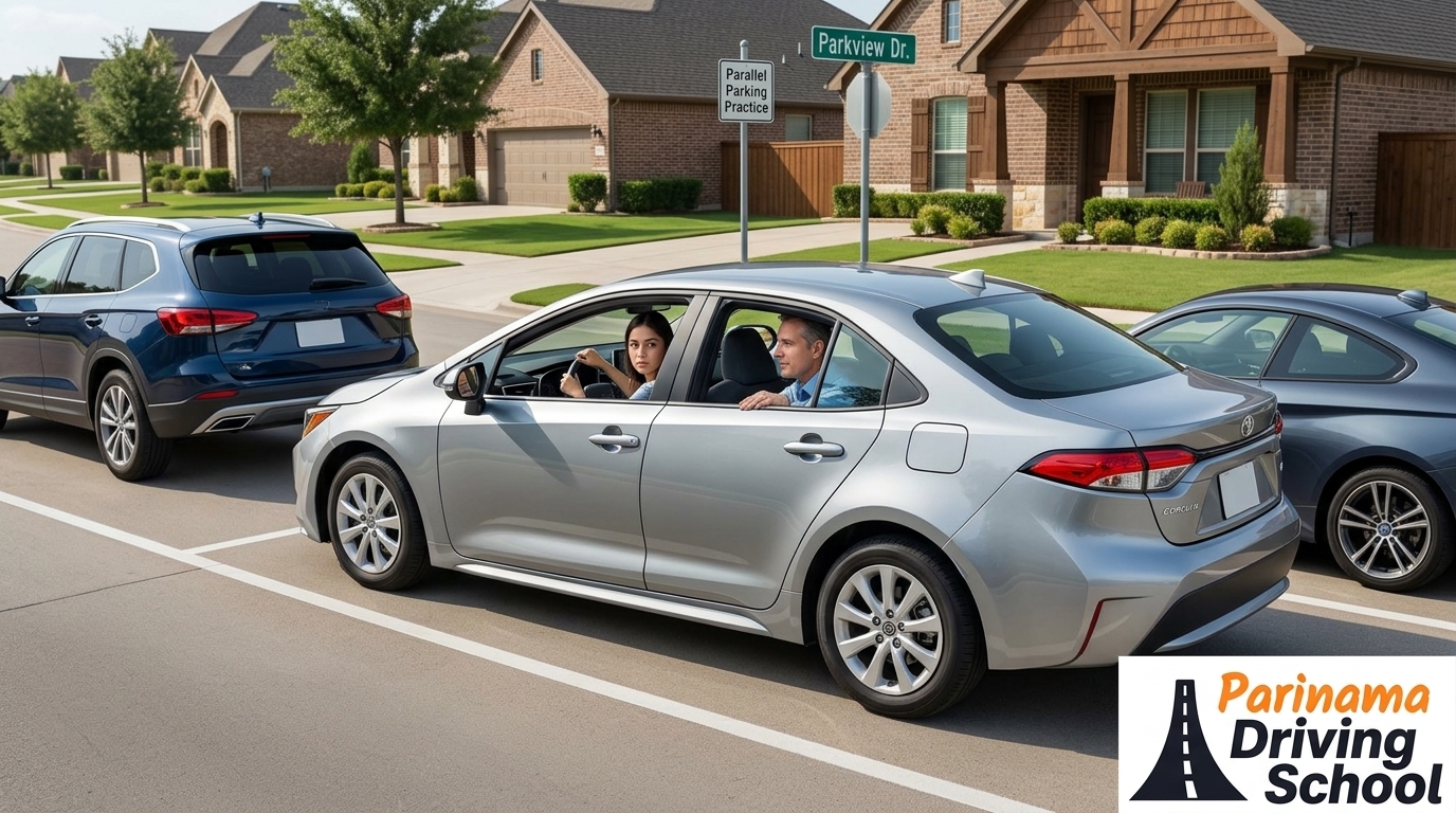 An instructor demonstrating parallel parking techniques with a student in a driving school vehicle.