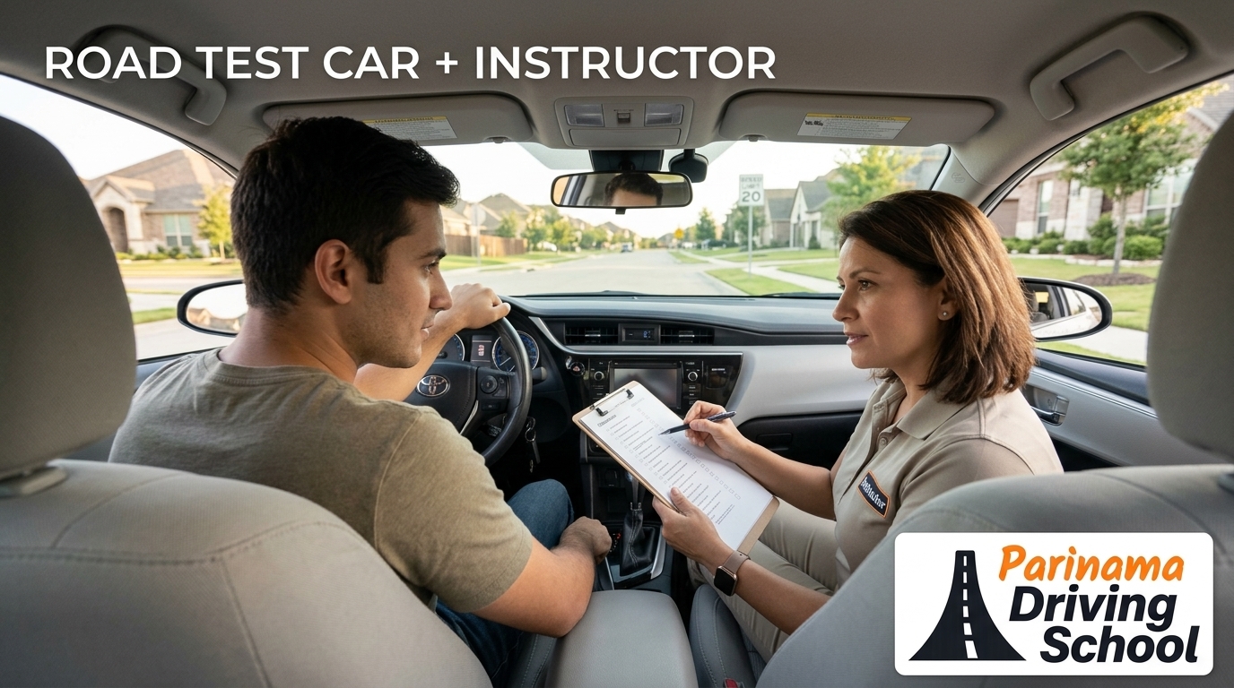 Instructor and student prepare for a road test with a car from Parinama Driving School.