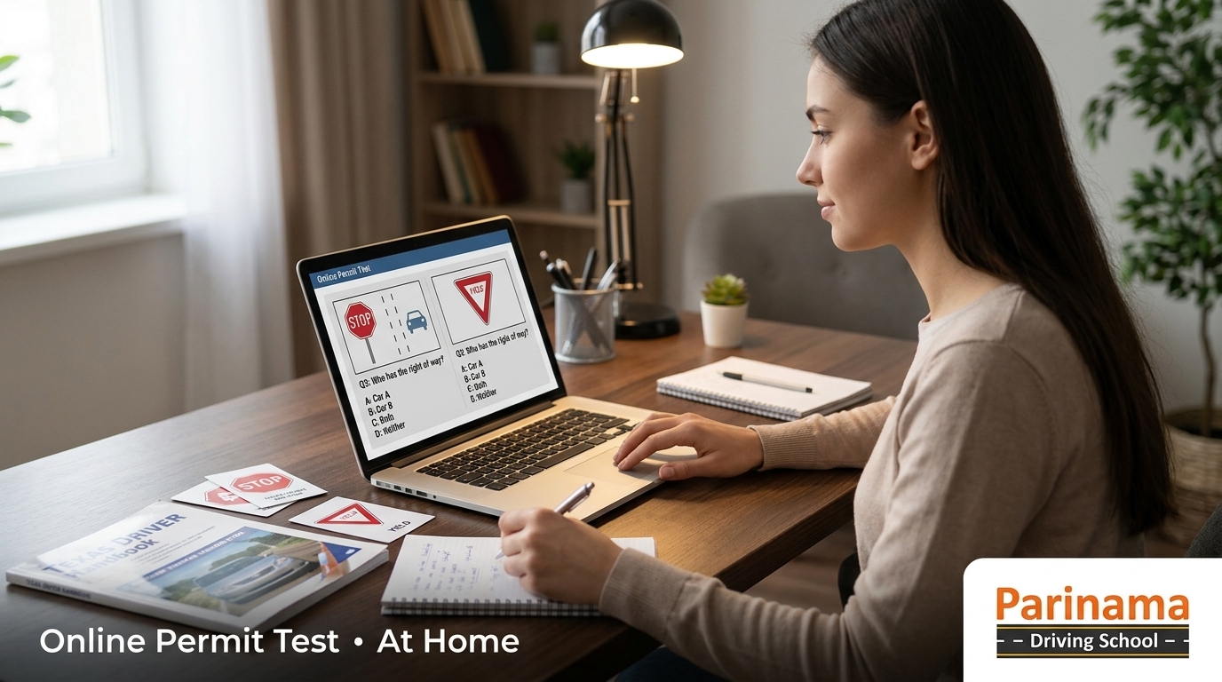 A person taking the Texas permit test online at home with a laptop