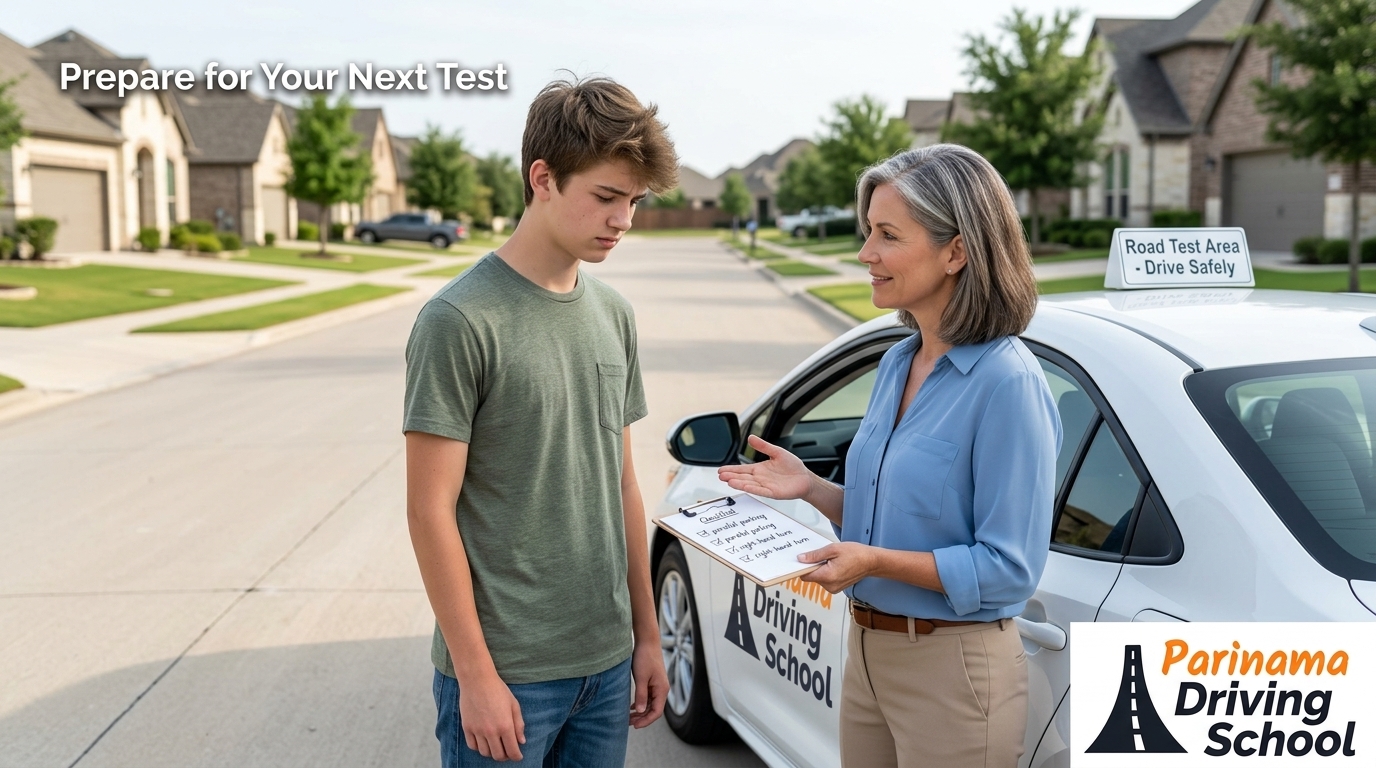 A teen looking concerned after failing a road test with a driving instructor.