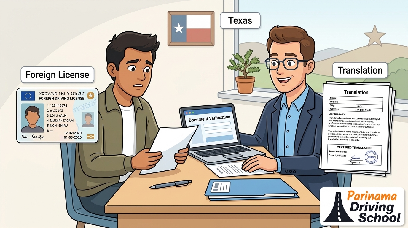 Illustration of a Texas driving license with a certified translation document.