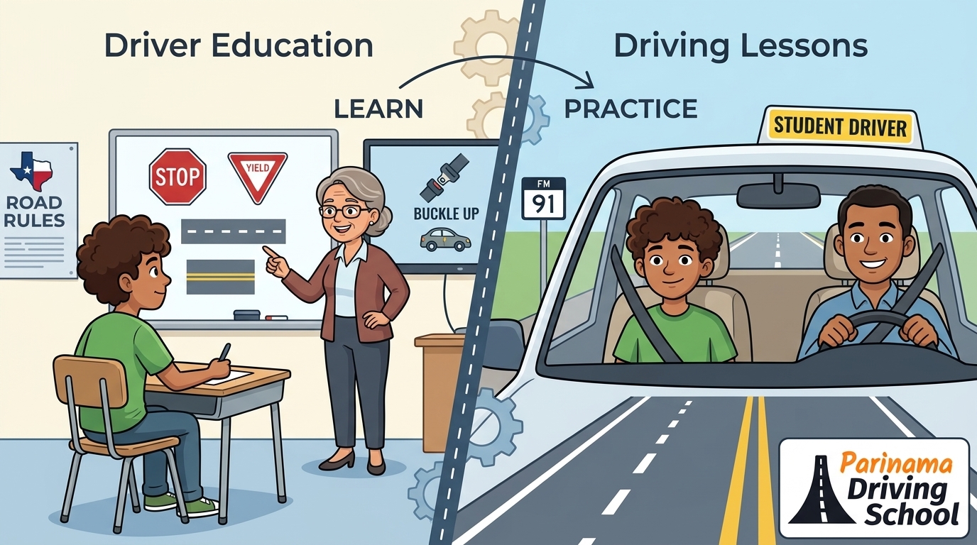 A driving instructor teaching a student in a car during a driving lesson.